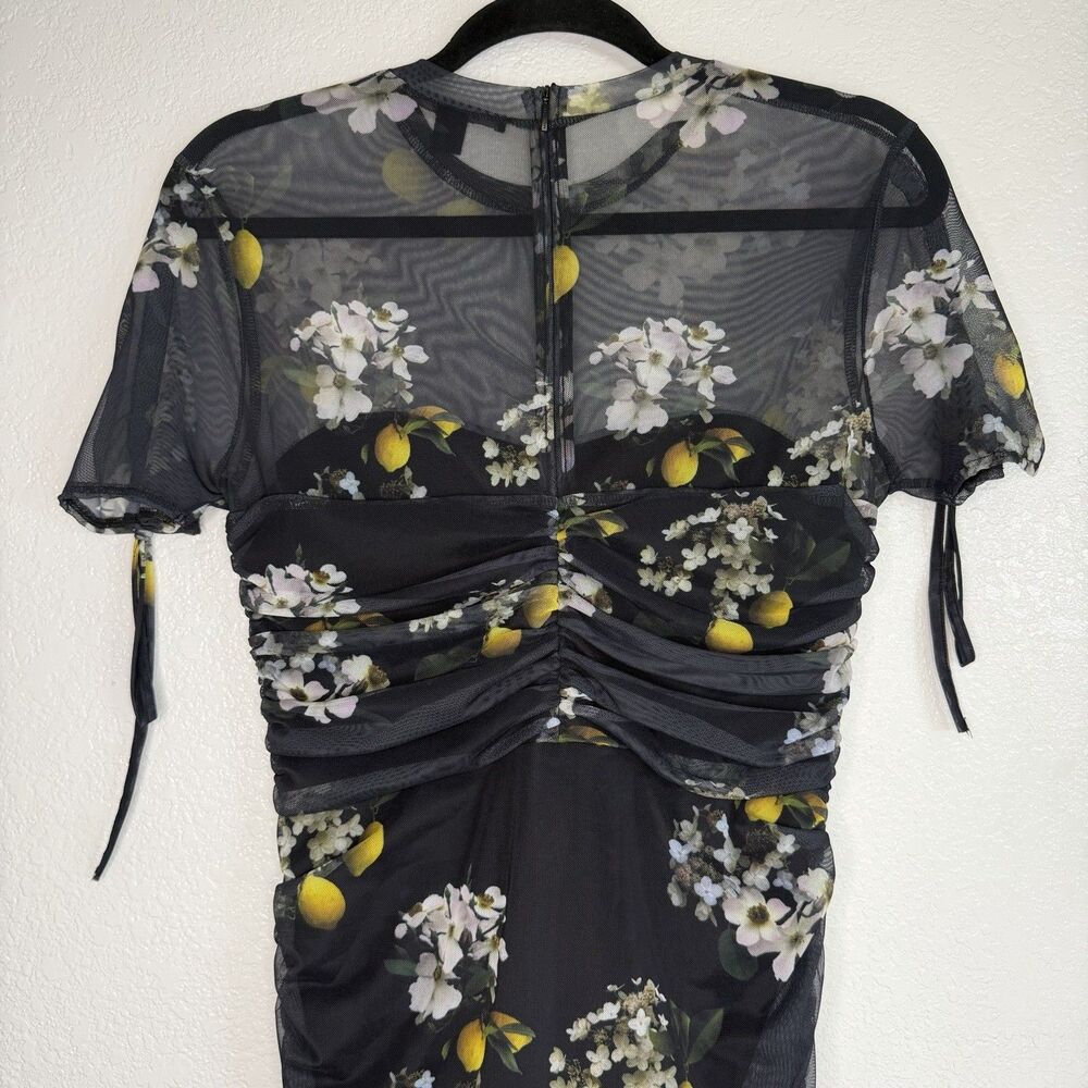 ALLSAINTS Giorgia Eugenia Mesh Ruched Mini Dress Sz 6 Black Floral Lemon Whimsy - Picture 5 of 10